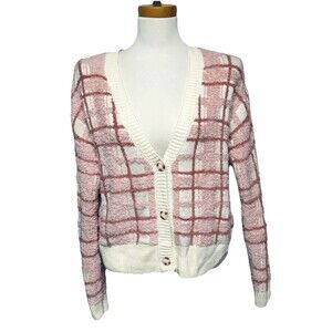 LC Lauren Conrad Women's L Pink / Cream Plaid Soft Plushy Cardigan Sweater